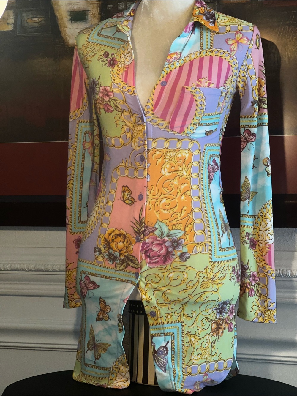 Gorgeous Long Sleeve Multicolor Floral Chain-Print button down Shirt Dress small
